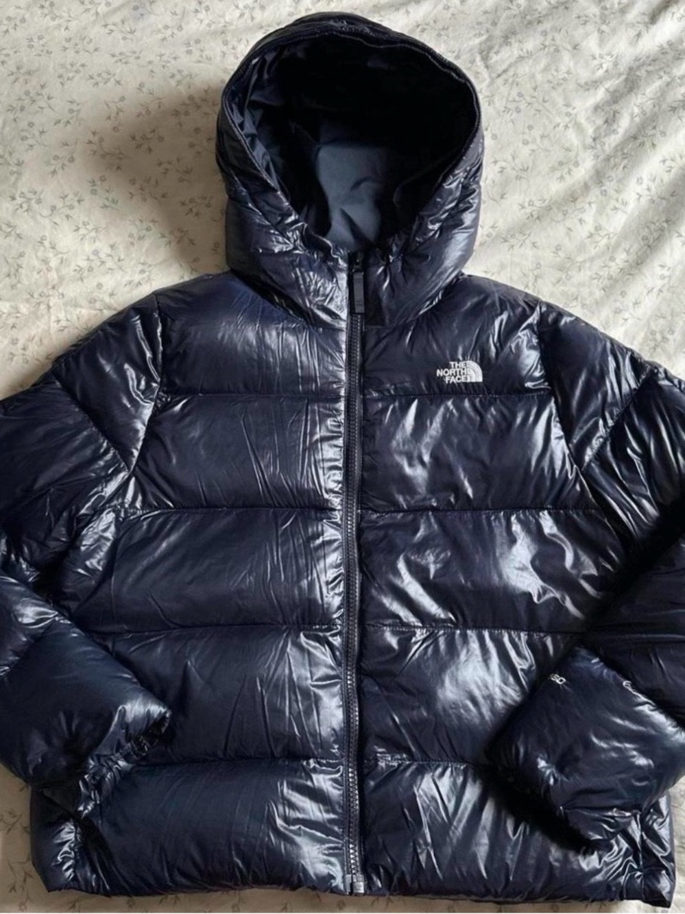 The North Face Navy Shiny Hooded Down Puffer Jacket